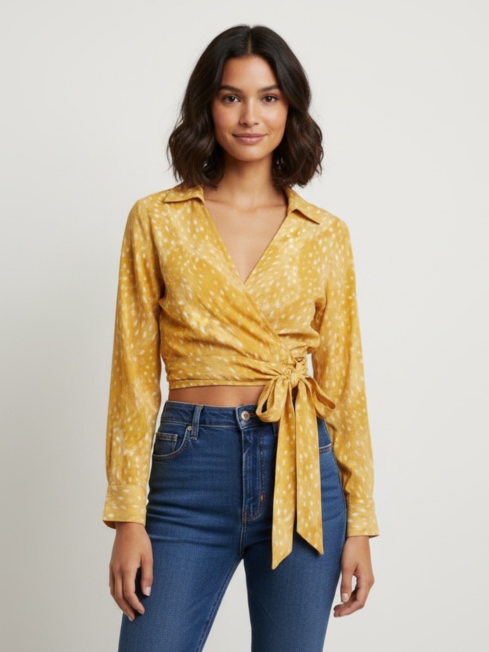 STILLWATER Women Long Sleeve Top Blouse Yellow V-Neck Rayon Cropped Small Beach